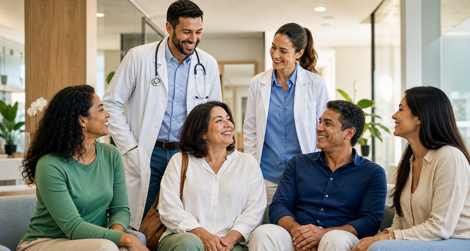 Médicos conversando com pacientes felizes em um ambiente acolhedor